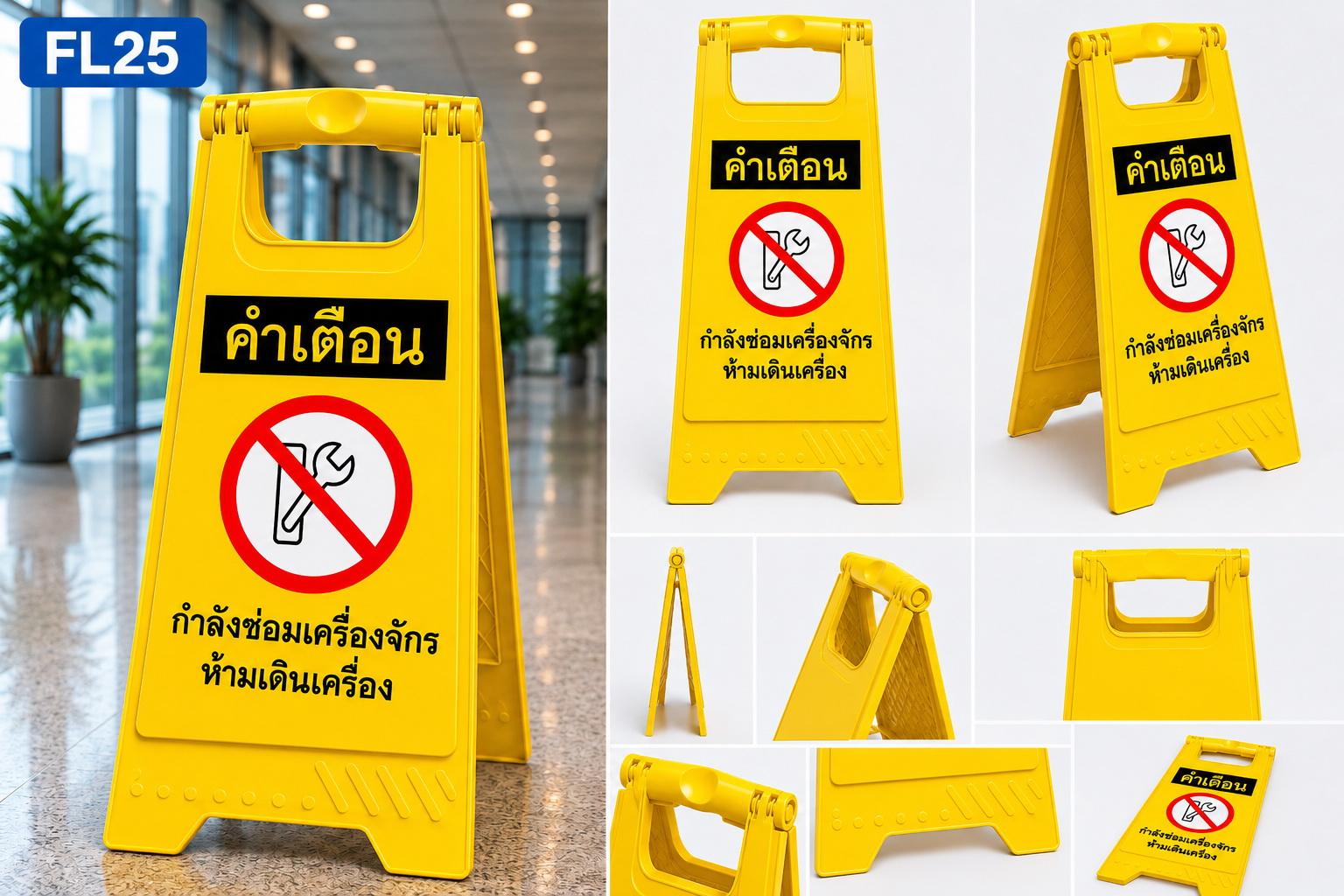 ตัวอย่างป้ายตั้งพื้น กำลังซ่อมเครื่องจักร ห้ามเดินเครื่อง ในสถานที่จริง