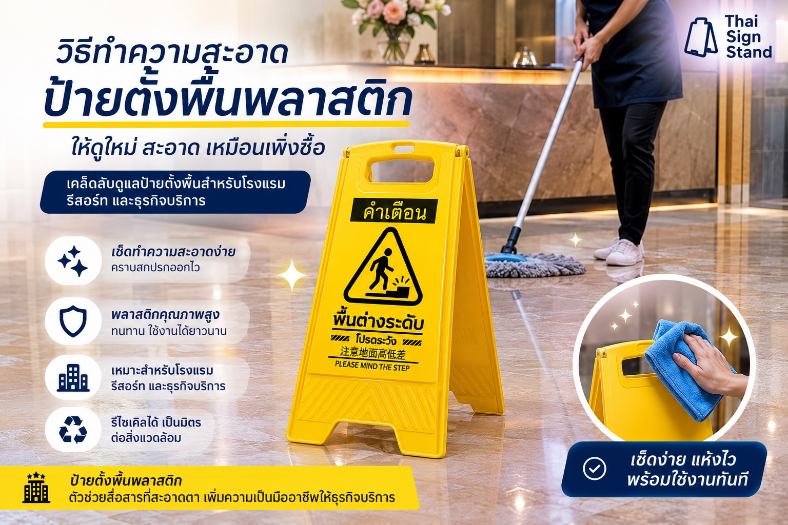 ตัวอย่างป้ายตั้งพื้น ระวังพื้นต่างระดับ ในสถานที่จริง